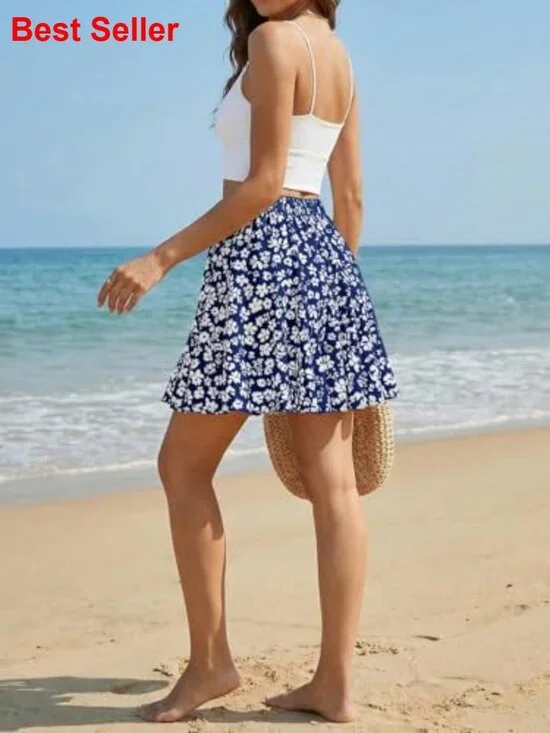 Summer Floral Mini Skirt Ruffle High Waisted Casual Flowy Boho Loose A Line - Picture 5 of 6